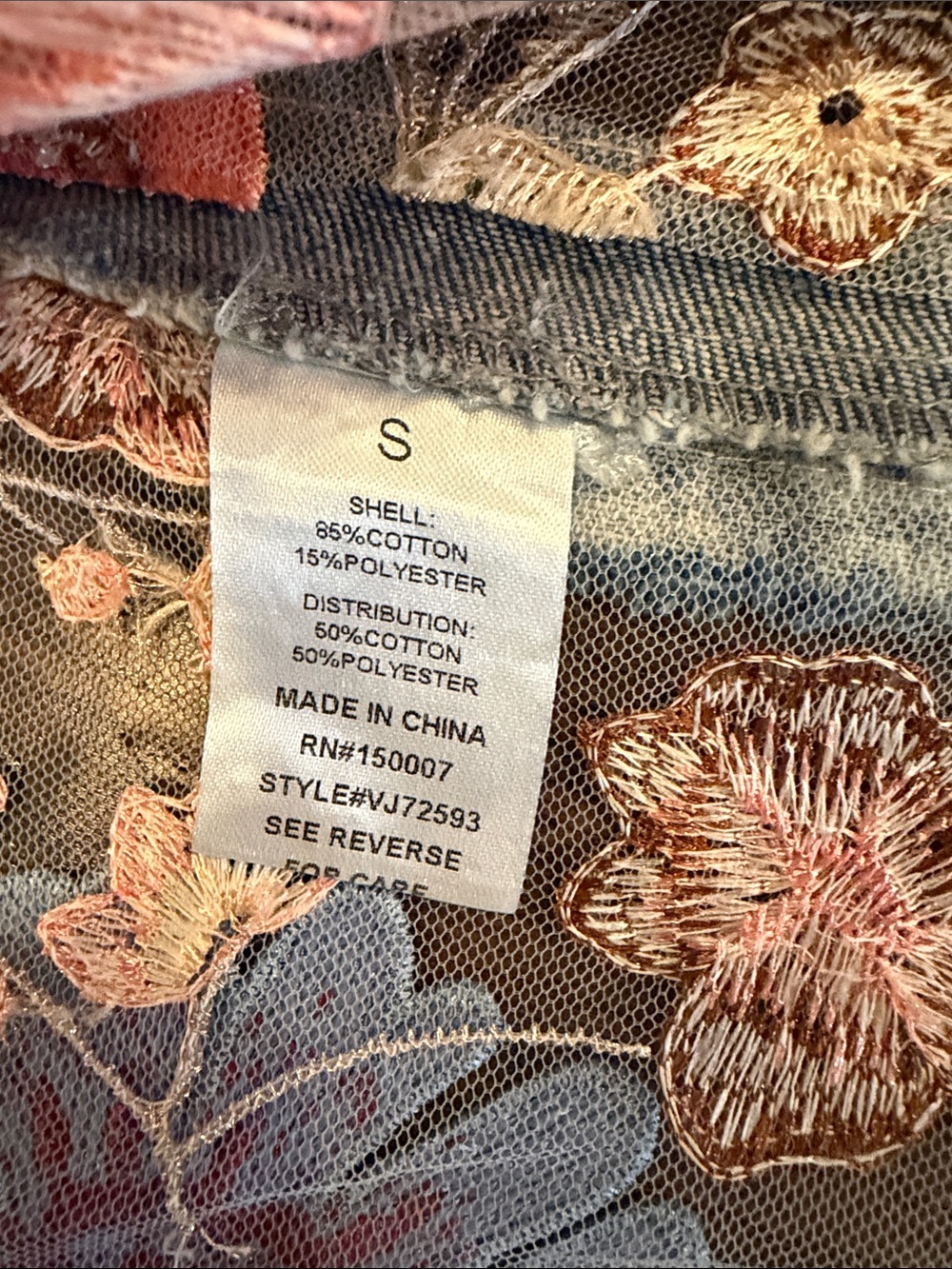 Vervet Sheer Floral Embroidered Denim Jacket - Blue - Picture 6 of 6